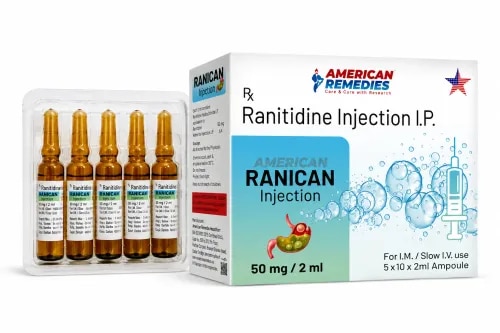 Ranican 50 mg Injection contains Ranitidine Injection IP, widely used to treat conditions caused by excess stomach acid, such as gastroesophageal reflux disease (GERD), stomach ulcers, duodenal ulcers, and Zollinger-Ellison syndrome. This medicine works by reducing the production of stomach acid, thereby providing relief from heartburn, indigestion, and helping in the healing of acid-related damage. Buy Ranican 50 mg Injection online or order Ranican 50 mg Injection in bulk from a reliable source.DosageRanican 50 mg Injection should be administered intramuscularly or intravenously under the supervision of a healthcare professional. The dosage may vary depending on the patient’s condition, age, weight, and overall health. For precise dosing guidance and before you buy Ranican 50 mg Injection online, consult your doctor.PrecautionsDriving: Usually safe, but avoid driving if you feel dizzy or fatigued.Alcohol: Avoid alcohol as it can increase stomach acid and reduce effectiveness.Kidney: Dose adjustment may be necessary in patients with kidney problems.Pregnancy/Breastfeeding: Use only under medical advice.Liver: Should be used cautiously in patients with liver disorders.Side EffectsSome common side effects of Ranican 50 mg Injection may include:HeadacheDizzinessConstipation or diarrheaInjection site reactions (pain, redness)Skin rash (rare)WarningDo not exceed the recommended dose of Ranican 50 mg Injection. Overuse may lead to unwanted side effects and complications. Always use this medicine under medical supervision. When you buy Ranican 50 mg Injection online or order Ranican 50 mg Injection in bulk, make sure it is from a verified bulk supplier of Ranican 50 mg Injection.FAQ1. What is Ranican 50 mg Injection used for?It is used to treat stomach ulcers, GERD, and other acid-related disorders.2. How is Ranican 50 mg Injection administered?It is given intramuscularly or intravenously by a doctor or nurse.3. Can Ranican 50 mg Injection be used during pregnancy?Yes, but only under the supervision of a doctor.4. How should I store Ranican 50 mg Injection?Store in a cool, dry place away from sunlight. Keep out of reach of children.Buy Ranican 50 mg Injection online today from us, as we are a bulk supplier of Ranican 50 mg Injection. You can also order Ranican 50 mg Injection in bulk directly. For more information on the third party exporter of Ranican 50 mg Injection, contact us today.