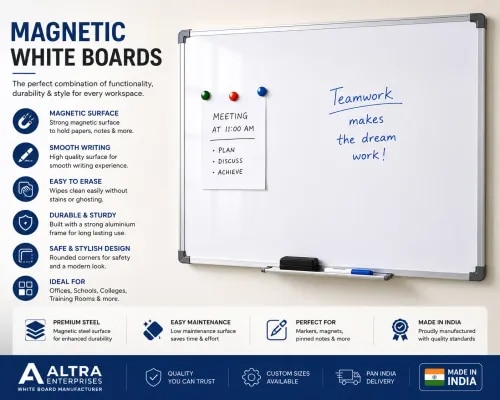 Magnetic White BoardsAltra Enterprises Magnetic White Boards are premium-quality writing and presentation boards designed for schools, offices, conference rooms, coaching institutes, training centres and corporate workspaces. Featuring a smooth magnetic writing surface, these boards allow users to write, erase and securely display documents, charts, notices and other important materials using magnets.The high-quality surface provides smooth writing, excellent visibility and easy erasing, making the board ideal for frequent daily use. A sturdy aluminium frame ensures durability and stability, while the clean and professional design adds a modern look to any workspace.Key FeaturesStrong magnetic writing surfaceSmooth and clear writing experienceEasy to erase and maintainSuitable for whiteboard markersStrong and durable aluminium frameScratch and stain-resistant surfaceConvenient marker trayMultiple sizes availableCustom sizes available on requestEasy wall-mounting and installationApplicationsSchools | Colleges | Offices | Coaching Institutes | Training Centres | Conference Rooms | Meeting Rooms | Corporate Offices | Workshops | InstitutionsMagnetic White Boards from Altra Enterprises offer the perfect combination of writing, presentation and display functionality, making them an excellent choice for modern educational and professional environments.