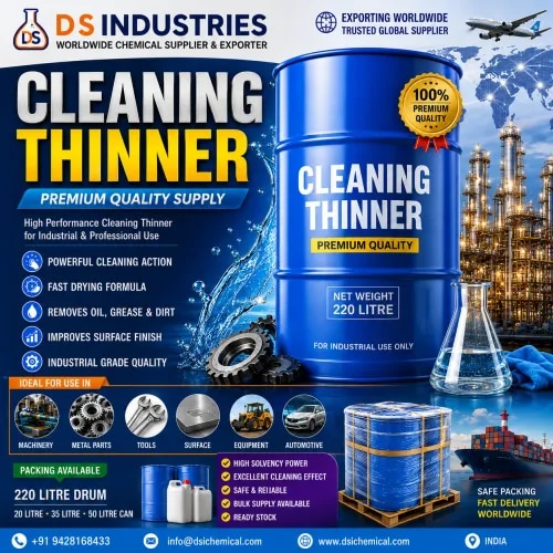 We Leading D S INDUSTRIES Best Quality Cleaning thinner Making and Supply. 1.Machinery & Industrial EquipmentCleaning machine components after productionRemoving oil, grease and lubricant residuesCleaning mechanical parts before maintenanceRemoving accumulated solvent-soluble depositsCleaning production equipment between batchesPreparing machinery for inspection or servicing⚙️ 2. Metal Parts & FabricationDegreasing fabricated metal componentsRemoving oil and processing residuesCleaning parts before painting or powder coatingSurface preparation before primer applicationCleaning metal tools, fixtures and jigsRemoving certain adhesive and coating residues🎨 3. Paint & Coating IndustryCleaning paint-mixing equipmentCleaning spray guns and application toolsRemoving solvent-based paint residuesCleaning coating containers and transfer equipmentCleaning pumps, hoses and other compatible equipmentSupporting equipment changeover between coating batches🚗 4. Automotive & Auto Component IndustryCleaning compatible metal componentsRemoving grease and oil from workshop equipmentCleaning paint application equipmentPreparing certain surfaces before refinishingCleaning tools used during automotive painting🧪 5. Resin, Adhesive & Composite ManufacturingCleaning mixing vessels and toolsRemoving compatible resin residuesCleaning adhesive-processing equipmentRemoving solvent-soluble buildupCleaning FRP/composite manufacturing tools🖨️ 6. Printing & Ink IndustryCleaning compatible printing equipmentRemoving solvent-based ink residuesCleaning ink containers and toolsSupporting cleaning during colour/product changeovers🏗️ 7. Engineering & General ManufacturingCleaning fabrication toolsDegreasing compatible machine componentsRemoving oil and grease before assemblyCleaning fixtures and production accessoriesMaintenance and workshop applications⚠️ ImportantCleaning thinner is not universally compatible with every material. It can attack plastics, rubber, painted surfaces, seals or sensitive coatings. Always test a small area first and follow the product SDS, ventilation, PPE, fire-safety and handling requirements.