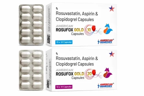 Rosufox Gold 10 Capsules & Rosufox Gold 20 CapsulesActive Ingredients: Rosuvastatin + Aspirin + ClopidogrelDosage Form: CapsulesTherapeutic Category: Cardiovascular / Lipid-Lowering + Dual Antiplatelet TherapyProduct OverviewRosufox Gold Capsules are combination cardiovascular medicines containing Rosuvastatin, Aspirin, and Clopidogrel. The formulation combines cholesterol management with antiplatelet activity and may be prescribed to selected patients who require these therapies together for cardiovascular risk management or prevention of recurrent atherothrombotic events, depending on approved labeling.Three-Way Therapeutic ActionRosuvastatinA statin that reduces LDL cholesterol by inhibiting HMG-CoA reductase and increasing hepatic clearance of LDL.AspirinProvides antiplatelet activity through irreversible inhibition of platelet COX-1 and reduced thromboxane A2 formation.ClopidogrelAn antiplatelet medicine that inhibits the platelet P2Y12 ADP receptor, reducing platelet activation and aggregation.Rosufox Gold RangeProduct CombinationRosufox Gold 10 Capsules Rosuvastatin 10 mg+ Aspirin + ClopidogrelRosufox Gold 20 Capsules Rosuvastatin 20 mg + Aspirin + ClopidogrelVerify all individual component strengths against the label.Why This Combination Requires Careful SelectionBecause Rosufox Gold contains two antiplatelet medicines, bleeding risk is an important consideration. Before treatment, healthcare professionals should review:Previous gastrointestinal or other significant bleedingActive peptic ulcer diseaseLiver or kidney impairmentPlanned surgery or dental proceduresConcurrent anticoagulants, NSAIDs, or other medicines that increase bleeding riskPrevious statin-related muscle problemsDrug interactionsPossible Adverse EffectsPotential effects include:Easy bruisingNosebleeds or prolonged bleedingIndigestion or stomach discomfortHeadacheMuscle achesNauseaMore serious concerns include major bleeding, gastrointestinal bleeding, severe allergic reactions, liver abnormalities, and statin-associated muscle injury.FAQs1. What does Rosufox Gold contain?It contains Rosuvastatin, Aspirin, and Clopidogrel in a fixed-dose combination.2. What is the difference between Rosufox Gold 10 and Gold 20?Based on the product names provided, they appear to differ in the Rosuvastatin strength (10 mg versus 20 mg). The complete composition should be confirmed from each pack.3. Why are Aspirin and Clopidogrel included?Both reduce platelet aggregation through different mechanisms and are used as antiplatelet medicines in appropriately selected cardiovascular patients.4. Does Rosufox Gold lower cholesterol?Yes. The Rosuvastatin component lowers LDL cholesterol and other atherogenic lipids.5. Can Rosufox Gold increase bleeding?Yes. Aspirin and Clopidogrel both affect platelet function, so bleeding is an important risk.6. Can Rosufox Gold cause muscle pain?Rosuvastatin can cause muscle symptoms. Severe or unexplained muscle pain or weakness should be medically evaluated.7. Should Rosufox Gold be stopped before surgery?Any decision to interrupt antiplatelet therapy must be made by the treating healthcare professional, balancing bleeding and thrombosis risks.8. Is Rosufox Gold a prescription medicine?Yes. This combination requires medical supervision, particularly because of its dual antiplatelet components.