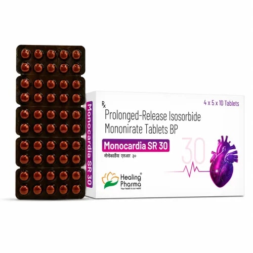 Monocardia SR 30 Tablet is a prescription cardiovascular medicine containing Isosorbide Mononitrate 30 mg in a prolonged-release formulation. It belongs to the nitrate group of medicines and is primarily prescribed for the prevention and long-term management of angina pectoris, a type of chest pain associated with reduced blood flow to the heart.The prolonged-release formulation is designed to release Isosorbide Mononitrate gradually, providing a sustained therapeutic effect over an extended period when used according to a doctor's prescription.How Does Monocardia SR 30 Work?Isosorbide Mononitrate is a nitrate vasodilator. It helps relax the smooth muscles of blood vessels, causing them to widen.This vasodilating action reduces the amount of work the heart needs to perform and decreases the heart muscle's oxygen demand. As a result, it can help prevent episodes of angina in patients for whom nitrate therapy is appropriate.Primary Use – Prevention of Angina PectorisMonocardia SR 30 is mainly used for the prevention of angina attacks and long-term management of symptoms associated with coronary artery disease.It is a preventive medicine and is not intended for immediate relief of a sudden angina attack. Patients experiencing acute chest pain should follow the emergency treatment instructions provided by their healthcare professional.Key FeaturesContains Isosorbide Mononitrate 30 mgProlonged-release tablet formulationBelongs to the nitrate vasodilator drug classUsed for prevention and long-term management of anginaHelps widen and relax blood vesselsHelps reduce cardiac workloadSupports improved balance between cardiac oxygen supply and demandDesigned for sustained release of the active ingredientHow to UseMonocardia SR 30 should be taken exactly according to the dose and schedule prescribed by a healthcare professional.Swallow the prolonged-release tablet with water. Do not crush or chew the tablet unless specifically advised, as this may interfere with its prolonged-release properties.Possible Side EffectsPossible side effects associated with Isosorbide Mononitrate include:HeadacheDizzinessLight-headednessFlushingWeakness or tirednessNauseaLow blood pressureChanges in heart rateConsult a healthcare professional if side effects become severe or persistent.Important PrecautionsBefore using Monocardia SR 30, inform your doctor if you have low blood pressure, severe anemia, dehydration, or other cardiovascular conditions.Isosorbide Mononitrate should not be combined with PDE-5 inhibitor medicines such as Sildenafil, Tadalafil, or Vardenafil, because the combination can cause a dangerous fall in blood pressure.