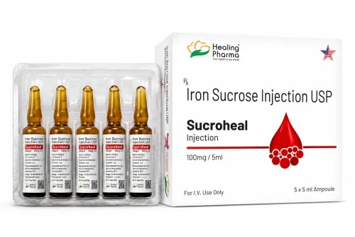 Sucroheal Injection 100 mg/5 mLGeneric Name: Iron Sucrose Injection USPStrength: 100 mg/5 mLDosage Form: InjectionTherapeutic Category: Parenteral Iron / HematinicProduct OverviewSucroheal Injection 100 mg/5 mL contains Iron Sucrose, an intravenous iron preparation used to replenish iron stores in patients with iron deficiency anemia when IV iron therapy is clinically appropriate.It provides iron directly into the bloodstream, where it becomes available for incorporation into hemoglobin and iron-storage proteins.Why IV Iron May Be ConsideredIron Sucrose may be selected when:Oral iron is poorly toleratedOral therapy provides an inadequate responseRapid iron replacement is clinically requiredIron deficiency occurs in patients with chronic kidney disease (CKD)Oral iron is otherwise considered unsuitableUse depends on the patient's laboratory findings and approved product indication.Iron Replacement ProcessIV Iron Sucrose → Iron Transport → Iron Storage → Hemoglobin ProductionFollowing administration, iron is transferred to iron-binding proteins such as transferrin and can subsequently be utilized for red blood cell and hemoglobin production.Tests Commonly ConsideredBefore and during iron replacement therapy, healthcare professionals may evaluate:Hemoglobin (Hb)Serum ferritinTransferrin saturation (TSAT)Complete blood countOverall clinical responseThese assessments help establish iron deficiency and reduce the risk of unnecessary iron administration.Possible ReactionsReported adverse effects can include:NauseaHeadacheDizzinessChanges in blood pressureMuscle or joint discomfortInjection/infusion-site reactionsImportant ConsiderationsConfirm iron deficiency before treatment where appropriate.Avoid unnecessary administration in patients with iron overload.IV administration should be performed by trained healthcare professionals.Monitor for hypersensitivity and blood-pressure changes.The required cumulative iron dose depends on the patient's individual iron deficit.Do not self-administer.FAQs1. What does Sucroheal 100 mg/5 mL contain?It contains Iron Sucrose equivalent to 100 mg of elemental iron in 5 mL.2. What is Sucroheal Injection used for?It is used for iron replacement in iron deficiency anemia when intravenous iron is considered appropriate.3. Is Sucroheal an oral iron medicine?No. It is an intravenous iron preparation.4. Why might IV iron be preferred over oral iron?IV iron may be considered when oral iron is not tolerated, ineffective, unsuitable, or when more direct iron replacement is required.5. Is Iron Sucrose used in chronic kidney disease?Yes. Iron Sucrose is commonly used to manage iron deficiency in appropriate CKD patients, including certain patients receiving dialysis.6. Can Iron Sucrose cause allergic reactions?Yes. Serious hypersensitivity reactions are uncommon but possible, so administration requires appropriate medical supervision and observation.7. Which tests help monitor iron therapy?Healthcare professionals commonly consider hemoglobin, ferritin, and transferrin saturation along with the overall clinical response.8. Can Sucroheal Injection be self-administered?No. It should be administered intravenously by appropriately trained healthcare professionals.