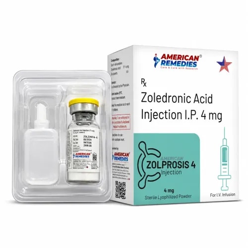 ZOLPROSIS 4 contains Zolendronic acid 4mg bisphosphonate injection used to treat and prevent bone diseases like osteoporosis (postmenopausal, steroid-induced, in men) and Paget's disease, by strengthening bones and reducing fracture risk, and to manage hypercalcemia of malignancy (high blood calcium from cancer)
