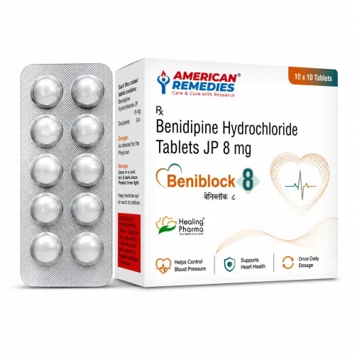 How Does Beniblock 8 Work?Benidipine Hydrochloride reduces calcium entry into vascular smooth muscle cells. Lower calcium availability decreases contraction of the blood vessel walls and promotes vasodilation.As the blood vessels relax and widen, peripheral vascular resistance decreases, making it easier for the heart to circulate blood throughout the body and helping reduce blood pressure.Main Use – High Blood Pressure ManagementBeniblock 8 is primarily prescribed for the treatment and ongoing control of hypertension.Long-term management of elevated blood pressure is important because uncontrolled hypertension can increase stress on the heart, arteries, kidneys and other organs.Key Benefits & FeaturesContains Benidipine Hydrochloride 8 mgCalcium channel blocker antihypertensive medicineHelps relax constricted blood vesselsReduces peripheral vascular resistanceSupports physician-directed blood pressure controlOral tablet formulationSuitable for ongoing hypertension therapy when clinically indicatedHow to Take Beniblock 8Take Beniblock 8 strictly according to the dose and treatment schedule prescribed by your healthcare professional. Swallow the tablet with water and follow a consistent daily schedule.Do not increase or reduce the dose, switch strengths, or discontinue treatment without medical advice.Possible Side EffectsSome patients may experience:DizzinessHeadacheFlushingTirednessPalpitationsLow blood pressureSwelling of the ankles or feetNausea or stomach discomfortConsult your healthcare professional if any side effect becomes persistent, severe, or concerning.Precautions & Safety InformationBefore using Beniblock 8, tell your doctor if you have low blood pressure, liver problems, kidney impairment, heart-related conditions, or any other significant medical condition.Frequently Asked Questions 1. What is Beniblock 8 Tablet used for?Beniblock 8 is primarily prescribed for the management of high blood pressure (hypertension).2. What is the composition of Beniblock 8?Each Beniblock 8 Tablet contains Benidipine Hydrochloride 8 mg.3. How does Beniblock 8 work?Benidipine is a calcium channel blocker (CCB). It helps relax and widen blood vessels, reducing vascular resistance and helping lower elevated blood pressure.4. What are the common side effects of Beniblock 8?Possible side effects include dizziness, headache, flushing, tiredness, palpitations, low blood pressure, and ankle or foot swelling.5. Can Beniblock 8 be taken without a prescription?No. Beniblock 8 is a prescription medicine and should be taken only in the dose and duration recommended by a healthcare professional.