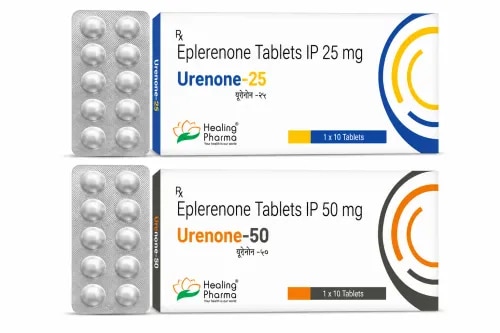 Urenone 25 & Urenone 50 TabletsGeneric Name: EplerenoneAvailable Strengths: 25 mg & 50 mgDosage Form: TabletTherapeutic Category: Mineralocorticoid Receptor AntagonistSegment: Cardiovascular MedicineAvailable Product RangeProduct	Eplerenone StrengthUrenone 25	25 mgUrenone 50	50 mgThe appropriate strength depends on the indication, kidney function, potassium level, other medicines, and clinical response.Why Aldosterone MattersAldosterone promotes sodium and water retention while increasing potassium excretion.Eplerenone selectively blocks aldosterone activity at mineralocorticoid receptors. This can:Reduce sodium and fluid retentionSupport cardiovascular functionLimit aldosterone-related cardiac remodelingProvide additional blood-pressure reduction in appropriate patientsImprove outcomes in certain patients with heart failureKey Features of EplerenoneSelective receptor activity: Eplerenone is relatively selective for mineralocorticoid receptors.Potassium-sparing effect: Unlike many conventional diuretics, it can increase serum potassium rather than lower it.Cardiovascular role: Its clinical value extends beyond fluid management because aldosterone also contributes to cardiovascular remodeling.Two strength options: Urenone 25 and 50 provide different strengths for clinician-directed treatment.Potassium Is the Main Laboratory ConcernOne of the most important risks associated with Eplerenone is hyperkalemia (high potassium).Potassium monitoring becomes particularly important in patients with:Reduced kidney functionDiabetesExisting high potassiumConcurrent ARB or ACE-inhibitor therapyPotassium supplements or potassium-containing salt substitutesOther potassium-sparing medicinesKidney function should also be evaluated because impaired renal clearance can increase the risk of hyperkalemia.Possible Side EffectsTreatment-related effects may include:Dizziness • Low blood pressure • Increased potassium • Changes in kidney-function tests • Headache • Gastrointestinal discomfortSevere muscle weakness, abnormal heartbeat, marked weakness, or other symptoms suggestive of significant hyperkalemia require prompt medical evaluation.Important Drug-Interaction CheckEplerenone is metabolized primarily through CYP3A4. Certain strong CYP3A4 inhibitors can substantially increase Eplerenone exposure and may be contraindicated depending on the product labeling.