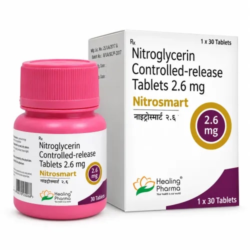 Nitrosmart 2.6 Controlled-Release TabletsNitroglycerin 2.6 mgNitrosmart 2.6 is a controlled-release cardiovascular medicine containing Nitroglycerin 2.6 mg. Nitroglycerin belongs to the organic nitrate group and is primarily used for the prevention and long-term management of angina pectoris in appropriately selected patients.The controlled-release formulation is designed to release Nitroglycerin gradually, providing a more sustained nitrate effect than rapid-acting formulations.Product EssentialsBrand: Nitrosmart 2.6Generic: NitroglycerinStrength: 2.6 mgFormulation: Controlled-Release TabletDrug Group: Organic Nitrate / VasodilatorTherapeutic Area: Anti-Anginal TherapyRoute: OralWhat Happens During Angina?Angina develops when the heart muscle's oxygen requirement exceeds the available oxygen supply, commonly in the setting of coronary artery disease.Nitroglycerin generates nitric oxide (NO) within vascular smooth muscle.Nitroglycerin → Nitric Oxide → Increased cGMP → Vascular relaxationVenodilation reduces venous return to the heart and lowers cardiac preload, which can decrease myocardial wall stress and oxygen demand.Why Use a Controlled-Release Form?Nitrosmart 2.6 is formulated for sustained nitrate delivery rather than immediate release.This makes an important clinical distinction:Controlled ReleaseDesigned for ongoing angina prevention according to the prescribed regimen.Rapid-Acting NitrateUsed when specifically prescribed for immediate relief of an acute angina attack.Therefore, Nitrosmart 2.6 should not automatically be relied upon as an emergency rescue medicine for sudden chest pain.What Patients May NoticeNitrate-related effects are often a direct consequence of vasodilation.HeadacheOne of the most characteristic effects of nitrate therapy, particularly when treatment begins.Light-HeadednessBlood-pressure reduction can cause dizziness, especially when standing suddenly.FlushingWidening of peripheral blood vessels may produce warmth or facial flushing.Low Blood PressureExcessive vasodilation can occasionally produce significant hypotension or fainting.Critical Interaction: PDE-5 InhibitorsNitroglycerin must not be combined with PDE-5 inhibitors used for erectile dysfunction or pulmonary hypertension, such as sildenafil, tadalafil, or vardenafil, because the combination can produce a dangerous fall in blood pressure.Concurrent use with riociguat is also contraindicated because of the risk of severe hypotension.Nitrate ToleranceContinuous exposure to organic nitrates can cause the body to become less responsive to their effects, a phenomenon known as nitrate tolerance.For this reason, nitrate treatment schedules may include an appropriate nitrate-free or low-nitrate interval when clinically indicated. The timing should be determined by the prescribing clinician rather than by skipping tablets independently.Controlled-Release HandlingBecause Nitrosmart 2.6 uses a modified-release system:Follow the product-specific administration instructions.Do not automatically crush or chew the tablet.Do not substitute it directly with an immediate-release Nitroglycerin formulation.Maintain the prescribed treatment schedule.Store according to the conditions printed on the pack.Frequently Asked Questions1. What is Nitrosmart 2.6 used for?It is a controlled-release nitrate primarily associated with the prevention and management of angina when prescribed by a healthcare professional.2. Is Nitrosmart 2.6 intended for immediate relief of sudden chest pain?A controlled-release tablet has a different purpose from rapid-acting nitrate formulations and should not automatically be used as an acute rescue treatment.3. Why can Nitroglycerin cause headache?Headache is related to the medicine's vasodilating effect and is commonly associated with nitrate therapy.4. Can Nitrosmart 2.6 cause dizziness?Yes. Vasodilation can reduce blood pressure and produce dizziness or light-headedness.5. Can erectile-dysfunction medicines be used with Nitroglycerin?PDE-5 inhibitors such as sildenafil or tadalafil must not be combined with nitrates because severe hypotension can occur.6. What is nitrate tolerance?It refers to reduced responsiveness after continuous nitrate exposure. Prescribed treatment schedules may be designed to minimize this effect.7. Can a controlled-release tablet be crushed?It should not be crushed or altered unless the specific product information confirms this is acceptable, as doing so may interfere with controlled drug release.8. Can Nitrosmart be stopped when angina improves?Treatment changes should be clinician-directed. Improvement may indicate that preventive therapy is effective rather than that it is no longer required.