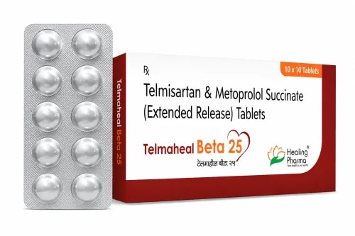 Telmaheal Beta 25 – Telmisartan & Metoprolol Succinate TabletsBlood Pressure & Cardiovascular ManagementTelmaheal Beta 25 is a combination cardiovascular medicine containing Telmisartan and Metoprolol Succinate. The two ingredients work differently: Telmisartan helps relax blood vessels, while Metoprolol Succinate reduces excessive stimulation of the heart. Together, they may provide better blood-pressure control in selected patients when combination therapy is clinically appropriate.Why Is This Combination Important?High blood pressure often has more than one contributing mechanism. For some patients, controlling vascular resistance alone may not provide the desired response.Telmaheal Beta combines an ARB with a beta blocker, allowing treatment to act on both blood vessels and cardiac activity.Possible Side EffectsSome patients may experience:DizzinessTirednessHeadacheSlow heartbeatLow blood pressureWeaknessCold hands or feetNausea or stomach discomfortImportant SymptomsMedical attention may be required for:Very slow heart rateFaintingSevere dizzinessSignificant breathing difficultyNew or worsening heart-failure symptomsMarked fall in blood pressureSymptoms associated with high potassium levelsSerious allergic reactionsPregnancy SafetyTelmisartan acts on the renin-angiotensin system and can cause serious fetal harm.Therefore, Telmisartan-containing medicines should not be used during pregnancy. A patient who becomes pregnant while receiving treatment should contact the treating healthcare professional promptly.Important Medicine InteractionsExtra attention may be required with:Other blood-pressure-lowering medicinesMedicines that reduce heart rateCertain calcium-channel blockersDigoxinPotassium supplementsPotassium-containing salt substitutesCertain diureticsNSAID painkillersLithiumSafety Information for PatientsTelmaheal Beta 25 should be used under medical supervision. Patients should not independently change the dose because of a single high or low blood-pressure reading.Special attention is needed if there is persistent dizziness, fainting, unusually slow pulse, breathing difficulty, significant weakness, swelling, or worsening cardiovascular symptoms.The medicine should be taken according to the prescribed schedule, and regular follow-up remains important even when blood pressure appears controlled.Frequently Asked Questions1. What is Telmaheal Beta 25 used for?It may be prescribed for hypertension and other appropriate cardiovascular situations where both Telmisartan and Metoprolol are clinically required.2. How does Telmaheal Beta 25 control blood pressure?Telmisartan relaxes blood vessels by blocking angiotensin II activity, while Metoprolol reduces excessive beta-1 stimulation of the heart.3. Can Telmaheal Beta 25 reduce heart rate?Yes. Metoprolol can slow the heart rate as part of its therapeutic action.4. Why should potassium be monitored?Telmisartan can increase potassium levels, particularly in patients with kidney impairment or those taking other potassium-raising medicines.5. Can this medicine cause dizziness?Yes. Dizziness may occur if blood pressure falls, particularly when starting or adjusting treatment.