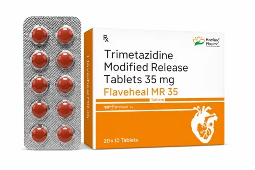Flaveheal MR 35Trimetazidine Modified-Release 35 mg TabletsFlaveheal MR 35 contains Trimetazidine, a metabolic antianginal medicine used as an adjunctive treatment for stable angina pectoris in appropriately selected patients. Unlike conventional antianginal medicines that primarily alter heart rate or blood pressure, Trimetazidine acts mainly by modifying myocardial energy metabolism.Trimetazidine helps optimize energy production in heart muscle cells during reduced oxygen availability by shifting myocardial metabolism toward more efficient glucose oxidation. This metabolic action can support cardiac cell function during ischemic conditions.The MR (Modified Release) formulation is designed for controlled delivery of Trimetazidine over an extended period. It is intended for long-term management rather than immediate relief of an acute angina attack. Trimetazidine should be used under medical supervision, particularly because movement disorders such as parkinsonian symptoms can occur in susceptible patients.How Does Trimetazidine Work?The heart needs a continuous supply of energy to function properly. During reduced oxygen supply, producing energy efficiently becomes particularly important.Trimetazidine acts mainly by influencing cardiac energy metabolism. It partially inhibits fatty-acid oxidation and promotes greater use of glucose oxidation, which requires less oxygen for production of a comparable amount of cellular energy.In simple words:Heart metabolism shifts toward glucose use→ oxygen utilization becomes more efficient→ heart cells are better supported during ischemia→ angina management may improveSide EffectsPossible adverse effects include:DizzinessHeadacheAbdominal discomfortNauseaVomitingDiarrheaWeaknessSkin rash or itchingDizziness or weakness can increase the risk of falls in susceptible patients.Frequently Asked Questions1. What is Flaveheal MR 35 used for?It may be used as add-on symptomatic therapy for stable angina in appropriately selected adult patients.2. Does Trimetazidine lower blood pressure?Its primary therapeutic effect does not depend on substantially lowering blood pressure or heart rate.3. What does MR 35 mean?“MR” means modified release, while 35 refers to the 35 mg strength of Trimetazidine.4. How does Trimetazidine help the heart?It modifies cardiac energy metabolism, favoring glucose oxidation over fatty-acid oxidation and improving metabolic efficiency during ischemic conditions.5. Can Flaveheal MR 35 be used for sudden chest pain?No. It is not an acute rescue medicine for an angina attack.6. Why are tremor and movement problems important?Trimetazidine can cause or worsen parkinsonian symptoms and other movement disorders. New tremor, stiffness, or walking difficulty requires medical review.