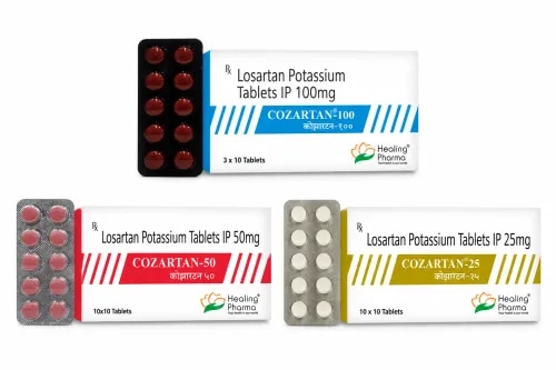 Cozartan 25 mg / 50 mg / 100 mgCozartan contains Losartan Potassium, an angiotensin II receptor blocker (ARB) used primarily for the management of hypertension. It works by selectively blocking angiotensin II at the AT1 receptor, thereby reducing its vasoconstrictive and aldosterone-related effects.This receptor blockade helps blood vessels relax and lowers peripheral vascular resistance, supporting effective blood-pressure control. Depending on the patient's clinical condition and locally approved indications, Losartan may also be used in selected patients with diabetic nephropathy or for certain cardiovascular risk-management purposes.Cozartan is available in multiple strengths to support individualized treatment. Blood pressure, renal function and serum potassium may require monitoring during therapy. Losartan-containing medicines should be used under medical supervision and are contraindicated during pregnancy.Safety DashboardBlood Pressure — Watch for Excessive ReductionPossible symptoms include dizziness, weakness, light-headedness, or fainting.The risk can be greater in patients who are dehydrated or taking strong diuretic therapy.Potassium — Watch for an IncreaseLosartan can cause hyperkalemia.Extra caution may be required with potassium supplements, potassium-containing salt substitutes, potassium-sparing medicines, or other potassium-raising drugs.Kidneys — Monitor FunctionChanges in kidney function can occur, particularly in susceptible patients.Monitoring may include serum creatinine/eGFR and potassium.Possible Side EffectsSide effects can vary between individuals and may include:DizzinessLow blood pressureFatigue or weaknessIncreased potassiumChanges in kidney-function testsLess commonly, serious hypersensitivity reactions or angioedema can occur.Pregnancy: Important RestrictionLosartan acts directly on the renin-angiotensin system and can cause serious fetal harm.Cozartan should not be used during pregnancy.If pregnancy occurs during treatment, medical advice should be obtained promptly so that therapy can be reviewed.FAQs1. What is Cozartan used for?Cozartan contains Losartan Potassium and is primarily used for hypertension. Additional indications may apply to selected patients according to approved labeling.2. How does Losartan work?It blocks angiotensin II at AT₁ receptors, helping relax blood vessels and reduce blood pressure.3. What is the difference between Cozartan 25, 50 and 100 mg?They contain the same active ingredient at different strengths. The appropriate strength is selected according to the patient's treatment requirements.4. Can Losartan increase potassium?Yes. Hyperkalemia is a recognized safety concern, particularly in patients with kidney problems or those using potassium-raising medicines.5. Does Cozartan require kidney monitoring?Kidney function and potassium may be monitored before and during treatment when clinically appropriate.6. Is Losartan an ACE inhibitor?No. Losartan is an ARB and directly blocks angiotensin II AT₁ receptors.7. Can Cozartan be used during pregnancy?No. Losartan can cause serious fetal harm and should not be used during pregnancy.8. How should Cozartan tablets be stored?Keep them in the original packaging and follow the specific temperature, moisture, and storage instructions printed on the product pack.