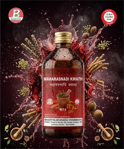 MAHA RASNADI KWATH Product IdentificationGeneric Name: Maha Rasnadi KwathType: Ayurvedic Polyherbal Decoction (Kwath/Kashaya)Primary Indication Area: Joint disorders, musculoskeletal health, inflammatory conditions, arthritis, neurological disorders associated with Vata imbalance, back pain, sciatica, and post-illness weakness.Therapeutic Indications (Traditional Ayurvedic Uses)• Amavata (Rheumatoid arthritis)• Sandhivata (Osteoarthritis)• Katigraha (Low back pain)• Gridhrasi (Sciatica)• Manyastambha (Cervical spondylosis/neck stiffness)• Pakshaghata (Hemiplegia/paralytic disorders)• Vatarakta (Gout)• Asthi-Sandhi Shoola (Bone and joint pain)• Musculoskeletal stiffness associated with Vata disorders• General weakness and restricted mobilityKey Benefits• Supports healthy joint function• Helps maintain mobility and flexibility• Supports musculoskeletal health• Helps reduce joint stiffness• Supports healthy inflammatory balance according to Ayurvedic principles• Promotes comfort in muscles and joints• Supports nervous system function• Helps maintain healthy circulation in musculoskeletal tissues• Provides antioxidant and rejuvenative herbal support• Supports overall physical strength and mobilityFormulaFORMULAMain Ingredients• Rasna Patra (Pluchea lanceolata – leaves)• Dhamasa (Fagonia cretica)• Erandmool (Ricinus communis – root)• Devdaru (Cedrus deodara)• Kachur (Curcuma zedoaria)• Vacha (Acorus calamus)• Vasa (Justicia adhatoda)• Saunth (Zingiber officinale – dry ginger)• Harad (Terminalia chebula)• Nagarmotha (Cyperus rotundus)• Punarnava Mool (Boerhavia diffusa – root)• Giloy (Tinospora cordifolia)• Vidara (Pueraria tuberosa / Ipomoea digitata – regional variation)• Saunf (Foeniculum vulgare)• Gokshuru (Tribulus terrestris)• Ashwagandha (Withania somnifera)• Atis (Aconitum heterophyllum)• Amla (Emblica officinalis / Phyllanthus emblica)• Shatavari (Asparagus racemosus)• Pippali (Piper longum)• Piyavasa • Dhaniya (Coriandrum sativum)• Choti Kateri (Solanum surattense)• Badi Kateri (Solanum indicum)• Dhataki (Woodfordia fruticosa 1. Rasna PatraBotanical Name: Pluchea lanceolata• Rasa: Tikta, Katu• Guna: Laghu, Ruksha• Virya: Ushna• Vipaka: KatuMechanism / Properties• Strong Vata-pacifying herb• Anti-inflammatory and analgesic action• Supports joint, nerve, and muscular pain relief• Reduces stiffness and swelling2. DhamasaBotanical Name: Fagonia cretica• Rasa: Tikta, Kashaya• Guna: Laghu, Ruksha• Virya: Sheeta• Vipaka: KatuMechanism• Blood purifying (Rakta shodhana) action• Supports liver detoxification• Anti-inflammatory and antioxidant activity• Used in skin and metabolic disorders3. ErandmoolBotanical Name: Ricinus communis (root)• Rasa: Madhura, Katu• Guna: Guru, Snigdha• Virya: Ushna• Vipaka: MadhuraMechanism• Strong Vata shamak action• Analgesic and anti-inflammatory• Helps relieve constipation and urinary obstruction• Supports pain and swelling reduction4. DevdaruBotanical Name: Cedrus deodara• Rasa: Tikta, Kashaya• Guna: Laghu, Tikshna• Virya: Ushna• Vipaka: KatuMechanism• Potent anti-inflammatory and analgesic• Reduces obstruction in channels (Srotoshodhana)• Supports urinary and musculoskeletal health• Relieves swelling and pain5. KachurBotanical Name: Curcuma zedoaria• Rasa: Tikta, Katu• Guna: Laghu, Ruksha• Virya: Ushna• Vipaka: KatuMechanism• Digestive stimulant (Agni deepana)• Anti-inflammatory and anti-microbial• Reduces Ama (toxins)• Supports metabolic cleansing6. VachaBotanical Name: Acorus calamus• Rasa: Katu, Tikta• Guna: Laghu, Tikshna• Virya: Ushna• Vipaka: KatuMechanism• Srotoshodhana (channel cleansing)• Nervine stimulant• Anti-inflammatory and detoxifying• Supports neurological balance7. VasaBotanical Name: Justicia adhatoda• Rasa: Tikta, Kashaya• Guna: Laghu, Ruksha• Virya: Sheeta• Vipaka: KatuMechanism• Hemostatic (controls bleeding)• Anti-inflammatory and bronchodilator• Supports blood purification• Tissue protective action8. SaunthBotanical Name: Zingiber officinale (dry ginger)• Rasa: Katu• Guna: Laghu, Snigdha• Virya: Ushna• Vipaka: MadhuraMechanism• Enhances digestion and absorption• Anti-inflammatory and carminative• Reduces Ama formation• Improves circulation9. HaradBotanical Name: Terminalia chebula• Rasa: Pancharasa (except Lavana)• Guna: Laghu, Ruksha• Virya: Ushna• Vipaka: MadhuraMechanism• Mild laxative and detoxifying• Rasayana (rejuvenator)• Supports digestion and gut health• Antioxidant action10. NagarmothaBotanical Name: Cyperus rotundus• Rasa: Tikta, Katu, Kashaya• Guna: Laghu, Ruksha• Virya: Sheeta• Vipaka: KatuMechanism• Digestive and metabolic regulator• Anti-inflammatory• Supports urinary balance• Reduces Kapha and Ama11. Punarnava MoolBotanical Name: Boerhavia diffusa• Rasa: Tikta, Madhura, Kashaya• Guna: Laghu, Ruksha• Virya: Ushna• Vipaka: KatuMechanism• Natural diuretic (Mutrala)• Reduces edema and swelling• Supports kidney function• Anti-inflammatory12. GiloyBotanical Name: Tinospora cordifolia• Rasa: Tikta, Kashaya• Guna: Laghu, Snigdha• Virya: Ushna• Vipaka: MadhuraMechanism• Immunomodulator• Detoxifying and anti-inflammatory• Supports fever and infection resistance• Rasayana herb13. VidaraBotanical Name: Pueraria tuberosa / Ipomoea digitata• Rasa: Madhura• Guna: Guru, Snigdha• Virya: Sheeta• Vipaka: MadhuraMechanism• Rejuvenative tonic• Strengthens tissues and vitality• Supports Vata disorders• Nutritive and restorative14. SaunfBotanical Name: Foeniculum vulgare• Rasa: Madhura, Katu• Guna: Laghu, Snigdha• Virya: Sheeta• Vipaka: MadhuraMechanism• Carminative and digestive• Mild diuretic• Reduces bloating and acidity• Soothes urinary tract15. GokshuraBotanical Name: Tribulus terrestris• Rasa: Madhura• Guna: Guru, Snigdha• Virya: Sheeta• Vipaka: MadhuraMechanism• Strong urinary tonic• Supports kidney and bladder health• Promotes smooth urine flow• Aphrodisiac and rejuvenative16. AshwagandhaBotanical Name: Withania somnifera• Rasa: Tikta, Kashaya• Guna: Guru, Snigdha• Virya: Ushna• Vipaka: MadhuraMechanism• Adaptogen (stress reducer)• Strengthens nervous system• Improves vitality and stamina• Vata balancing Rasayana17. AtisBotanical Name: Aconitum heterophyllum• Rasa: Tikta, Kashaya• Guna: Laghu, Ruksha• Virya: Ushna (mild)• Vipaka: KatuMechanism• Digestive stimulant• Antipyretic (fever reducing)• Anti-inflammatory• Helps toxin reduction18. AmlaBotanical Name: Phyllanthus emblica• Rasa: Amla (sour dominant)• Guna: Laghu, Ruksha• Virya: Sheeta• Vipaka: MadhuraMechanism• Strong antioxidant (Vitamin C rich)• Rasayana (rejuvenator)• Supports immunity• Tissue repair and regeneration19. ShatavariBotanical Name: Asparagus racemosus• Rasa: Madhura, Tikta• Guna: Guru, Snigdha• Virya: Sheeta• Vipaka: MadhuraMechanism• Female reproductive tonic• Hormonal balancing support• Cooling and nutritive• Supports lactation and fertility health20. PippaliBotanical Name: Piper longum• Rasa: Katu• Guna: Laghu, Snigdha• Virya: Anushna-Ushna• Vipaka: MadhuraMechanism• Bioavailability enhancer (Yogavahi)• Improves digestion and metabolism• Respiratory and urinary support• Detox enhancing herb21. PiyavasaBotanical Name: (Regionally variable; often hepatoprotective bitter herb)• Rasa: Tikta, Kashaya• Guna: Laghu, Ruksha• Virya: Sheeta/Ushna (varies)• Vipaka: KatuMechanism• Liver detox support• Bitter tonic action• Supports metabolic balance• Anti-inflammatory22. DhaniyaBotanical Name: Coriandrum sativum• Rasa: Madhura, Tikta• Guna: Laghu• Virya: Sheeta• Vipaka: MadhuraMechanism• Cooling diuretic• Reduces burning urination• Digestive soothing• Anti-inflammatory23. Choti KateriBotanical Name: Solanum surattense• Rasa: Tikta, Katu• Guna: Laghu, Ruksha• Virya: Ushna• Vipaka: KatuMechanism• Respiratory and urinary support• Anti-inflammatory• Vata-Kapha balancing• Pain relief support24. Badi KateriBotanical Name: Solanum indicum• Rasa: Tikta, Katu• Guna: Laghu, Ruksha• Virya: Ushna• Vipaka: KatuMechanism• Anti-inflammatory and analgesic• Supports respiratory health• Reduces swelling and pain• Channel cleansing action25. DhatakiBotanical Name: Woodfordia fruticosa• Rasa: Kashaya• Guna: Laghu, Ruksha• Virya: Ushna• Vipaka: Katu• Prabhava: Sandhana KarakaMechanism• Natural fermentation catalyst• Enables Asava/Kwath preparation• Improves bioavailability• Preserves formulation stabilityDosage of Maharasnadi Kwath (Pravahi)Adults• Dose: 15–30 mL• Frequency: Twice daily (BID)• Administration: After meals• Anupana (vehicle): Equal quantity of lukewarm waterGeneral Clinical Practice Range (Ayurvedic Use)• Mild conditions: 15 mL BD• Moderate conditions: 20–30 mL BD• Chronic Vata disorders / pain conditions: 25–30 mL BD (as advised)Duration• Usually 2–6 weeks• Can be extended up to 8 weeks under Ayurvedic supervisionImportant Usage Notes• Shake well before use (as herbal sediment may settle)• Best taken after food to improve tolerance• Avoid self-medication in chronic kidney disease or severe urinary obstruction• Use cautiously in diabetes (may contain natural sugars from fermentation)• Not recommended during pregnancy without physician advicemaha rasnadi kwath uses in hindimaha rasnadi kwath usesmaharasnadi kwathammaha rasnadi kwath easy ayurvedarasnadi kashayam ingredientsrasnadi kashayam benefitsrasnadi ghritam usesmaharasnadi kwath amazonmaharasnadi kwath ayurvedic medicinemaharasnadi kwath ayurvedicmaharasnadi kwath ayurvedamaharasnadi kwath pravahi ayurvedic medicinemaharasnadi kwath benefitsmaharasnadi kwath benefits in hindimaharasnadi kwath botanical namemaharasnadi kwath buy onlinemaharasnadi kwath churna uses in hindimaharasnadi kwath contentsmaharasnadi kwath compositionmaharasnadi kwath capsulesmaharasnadi kwath kis chij ki dava haimaharasnadi kwath dosagedivya maharasnadi kwathdabur maharasnadi kwath kadhamaharasnadi kwath easy ayurvedamaharasnadi kwath ke faydemaharasnadi kwath ke fayde in hindimaharasnadi kwath ghanmaharasnadi kwath how to usemaharasnadi kwath kya haimaharasnadi kwath uses hindimaharasnadi kwath benefits hindimaharasnadi kwath ingredientsmaharasnadi kwath in hindimaharasnadi kwath ingredients in hindimaharasnadi kwath indicationmaharasnadi kwath is used formaharasnadi kwath jiva ayurvedamaharasnadi kwath jivamaharasnadi kwath kis kaam aata haimaharasnadi kwath kaise use karemaharasnadi kwath kya kam karta haimaharasnadi kwath liquidmaharasnadi kwath ke labhmaharasnadi kwath medicinemaharasnadi kwath 200 mlmaharasnadi kwath hindi meinmaharasnadi kwath onlineuses of maharasnadi kwathbenefits of maharasnadi kwathingredients of maharasnadi kwathuses of maharasnadi kwath in hindimaharasnadi kwath pricemaharasnadi kwath peene ke faydemaha rasnadi kwath q10maharasnadi kwath referencemaharasnadi kwath reviewmaharasnadi kwath research papermaharasnadi kwath syrup uses in hindimaharasnadi kwath syrup usesmaharasnadi kwath syruphow maha rasnadi kwath workshow maha rasnadi kwath is madehow maha rasnadi kwath usewhy maha rasnadi kwath useful