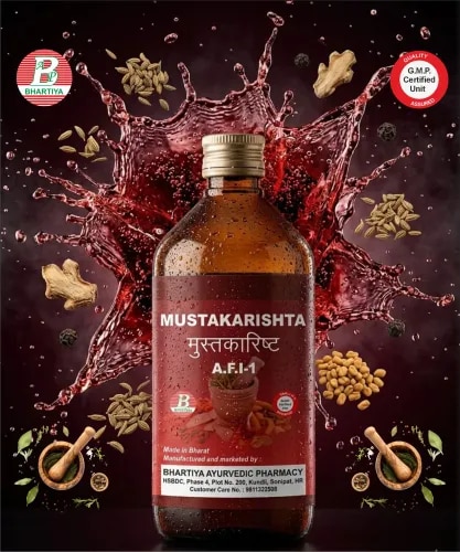 MUSTAKARISHTAProduct IdentificationGeneric Name: Mustakarishta (Mustakarishtam)Type: Ayurvedic Polyherbal Fermented Formulation (Arishta)Primary Indication Area: Digestive disorders, diarrhea, indigestion, abdominal discomfort, metabolic imbalance, and gastrointestinal health.Therapeutic Indications• Atisara (diarrhea)• Grahani disorders (malabsorption syndrome)• Agnimandya (poor digestive fire)• Ajirna (indigestion)• Abdominal pain and discomfort• Flatulence and bloating• Loss of appetite• Chronic digestive weakness• Ama-related gastrointestinal disorders• post-infectious digestive debilityKey Benefits• Supports healthy digestion and metabolism• Helps control diarrhea and loose stools• Reduces bloating and abdominal discomfort• Improves appetite and digestive fire (Agni)• Supports elimination of Ama (metabolic toxins)• Promotes intestinal health and recovery• Enhances nutrient absorption• Acts as a restorative digestive tonicFORMULAMain Ingredients• Mustaka (Cyperus rotundus)• Yavani (Trachyspermum ammi)• Sunthi (Zingiber officinale)• Maricha (Piper nigrum)• Lavanga (Syzygium aromaticum)• Methi (Trigonella foenum-graecum)• Chitraka (Plumbago zeylanica)• Sveta Jiraka (Cuminum cyminum)Sweetening and Fermentation Base• Guda (Jaggery)• Dhataki (Woodfordia fruticosa)Key Ingredient Actions1. MustakaBotanical Name: Cyperus rotundus L.Rasa: Tikta, Katu, KashayaGuna: Laghu, Ruksha Virya: SheetaVipaka: KatuMechanism of Action:• Supports digestive regulation• Helps control diarrhea and intestinal disturbances• Reduces Ama formation• Improves appetite and digestion• Relieves abdominal discomfort• Promotes gastrointestinal balance2. YavaniBotanical Name: Trachyspermum ammi Rasa: Katu Guna: Laghu, Ruksha, TikshnaVirya: Ushna Vipaka: KatuMechanism of Action:• Stimulates digestive fire (Agni)• Reduces bloating and flatulence• Improves nutrient assimilation• Helps digest Ama• Supports gastrointestinal health• Promotes appetite3. SunthiBotanical Name: Zingiber officinale RoscoeRasa: KatuGuna: Laghu, SnigdhaVirya: UshnaVipaka: MadhuraMechanism of Action:• Enhances digestion and metabolism• Improves appetite• Helps reduce Ama accumulation• Relieves indigestion and nausea• Supports healthy gastrointestinal function• Promotes nutrient absorption4. MarichaBotanical Name: Piper nigrum L.Rasa: Katu Guna: Laghu, Tikshna Virya: Ushna Vipaka: KatuMechanism of Action:• Improves digestion and absorption• Enhances bioavailability of herbal constituents• Stimulates metabolism• Reduces Ama accumulation• Supports appetite• Acts as a digestive stimulant5. LavangaBotanical Name: Syzygium aromaticum Rasa: Katu, TiktaGuna: Laghu, Tikshna Virya: Ushna Vipaka: KatuMechanism of Action:• Supports digestion and metabolism• Helps reduce intestinal discomfort• Possesses antimicrobial activity• Relieves bloating and gas• Supports gastrointestinal health• Promotes digestive efficiency6. MethiBotanical Name: Trigonella foenum-graecum L.Rasa: Tikta, KatuGuna: Guru, Snigdha Virya: Ushna Vipaka: KatuMechanism of Action:• Supports digestive function• Helps soothe the gastrointestinal tract• Promotes appetite and metabolism• Supports healthy bowel function• Reduces digestive weakness• Assists recovery from chronic digestive disorders7. ChitrakaBotanical Name: Plumbago zeylanica L.Rasa: Katu Guna: Laghu, Tikshna, Ruksha Virya: Ushna Vipaka: KatuMechanism of Action:• Strong digestive stimulant (Deepana)• Enhances metabolism and Agni• Helps digest Ama• Improves nutrient absorption• Relieves chronic indigestion• Supports gastrointestinal function8. Sveta JirakaBotanical Name: Cuminum cyminum L.Rasa: Katu, TiktaGuna: Laghu, RukshaVirya: UshnaVipaka: KatuMechanism of Action:• Improves digestion and appetite• Reduces bloating and abdominal discomfort• Supports assimilation of nutrients• Helps regulate bowel function• Promotes digestive balance• Supports gastrointestinal health9. DhatakiBotanical Name: Woodfordia fruticosa Rasa: Kashaya Guna: Laghu, Ruksha Virya: Ushna Vipaka: KatuPrabhava: Sandhana KarakaMechanism of Action:• Natural fermentation catalyst• Enables alcohol formation in Arishta preparations• Enhances extraction of active phytochemicals• Improves bioavailability of herbal constituents• Supports preservation and shelf stability• Maintains quality of fermented formulation10. Guda (Jaggery)Rasa: Madhura Guna: Guru, Snigdha Virya: UshnaVipaka: MadhuraMechanism of Action:• Provides substrate for fermentation• Supports self-generated alcohol formation• Improves palatability• Supplies nutritive minerals• Helps restore strength and vitality• Contributes to formulation stabilityDosageAdults• 15–30 mL• Twice daily after meals• Dilute with equal quantity of waterCommon Usage Guidance• Traditionally used in digestive disorders and Grahani conditions• Supports restoration of digestive strength and appetite• Helps reduce Ama-related gastrointestinal complaints• Usually prescribed for 4–8 weeks or as directed by an Ayurvedic physician• Best taken after foodImportant Notes• Contains naturally fermented alcohol• Use cautiously in diabetes mellitus (due to jaggery content)• Should be taken under Ayurvedic supervision in chronic gastrointestinal disorders• Avoid self-medication in severe abdominal conditions• Store in a cool, dry place• Keep tightly closed after use• Keep out of reach of childrenmustakarishta ingredients, mustakarishta syrup, mustakarishta usesmustakarishta benefits, mustakarishta price, mustakarishta syrup price, mustakarishta tonicmustakarishta and kutajarishta, mustakarishta ayurvedic medicinemustakarishta ayurvedic medicine uses, mustakarishta ayurvedic syrupmustakarishta ayurvedic, mustakarishta syrup benefitsmustakarishta content, mustakarishta dosagemustakarishta uses in english, mustakarishta ke fayde in hindimustakarishta used for, mustakarishta how to usemustakarishta hindi, mustakarishta uses hindimustakarishta syrup in hindi, mustakarishta syrup uses hindimustakarishta in hindi, mustakarishta indicationmustakarishta uses in hindi, mustakarishta syrup uses in hindimustakarishta medicinemustakarishta onlineuses of mustakarishtabenefits of mustakarishtabenefits of mustakarishta syrupuse of mustakarishta in hindiuse of mustakarishta syrupmustakarishta tabletmustakarishta use in hindimustakarishta syrup usesayurvedic medicine mustakarishtaayurvedic mustakarishtakutajarishta and mustakarishtawhat is the use of mustakarishtasyp mustakarishtasyp mustakarishta uses in hindi