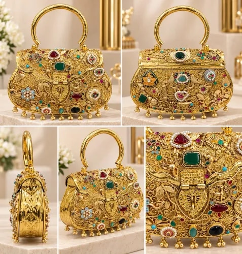 luxury antique-style golden box handbag, designed to look like an ornate piece of Indian jewellery product image