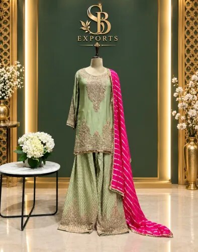 ✨ Elegant Sage Green & Hot Pink Sharara Suit product image