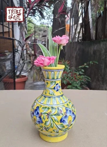 Sunshine & Blooms: Handpainted Jaipur Blue Pottery Vase product image
