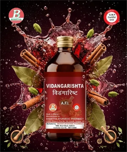 VIDANGARISHTA
Product Identification
Generic Name: Vidangarishta (Vidangarishtam)
Type: Ayurvedic Polyherbal Fermented Formulation (Arishta)
Primary Indication Area: Intestinal worms (Krimi), digestive disorders, malabsorption, abdominal discomfort, metabolic toxins (Ama), skin disorders of parasitic origin, and general digestive weakness
Therapeutic Indications
• Intestinal worm infestation (Krimi Roga)
• Abdominal pain and bloating
• Indigestion (Ajeerna)
• Loss of appetite (Agni mandya)
• Malabsorption syndrome (supportive)
• Skin disorders due to toxins and parasites
• General debility due to chronic infection
• Gas and abdominal distension (Adhmana)
• Weak digestion in children and adults
• Detoxification of gastrointestinal tract
Key Benefits
• Helps eliminate intestinal worms naturally
• Improves digestive fire (Agni)
• Reduces abdominal bloating and discomfort
• Supports gut cleansing and detoxification
• Improves appetite and nutrient absorption
• Helps reduce toxin (Ama) accumulation
• Supports healthy skin by purifying blood and gut
• Enhances overall digestive strength
• Acts as mild anti-parasitic Ayurvedic tonic
• Improves metabolic balance
FORMULA
Main Ingredients:
Vidanga (Embelia ribes)
Pippali (Piper longum)
Rasna (Pluchea lanceolata/)
Kutaja Chhal (Holarrhena antidysenterica – bark)
Kutaja Phala (Holarrhena antidysenterica – seed/fruit)
Patha (Cissampelos pareira)
Elavaluka (Prunus cerasus)
Amalaki (Emblica officinalis)
Madhu (Honey)
Dhataki (Woodfordia fruticosa)
Tvak (Cinnamon bark – Cinnamomum verum)
Ela (Cardamom – Elettaria cardamomum)
Tejpatra (Cinnamomum tamala)
Priyangu (Callicarpa macrophylla)
Kachnar (Bauhinia variegata)
Lodhra (Symplocos racemosa)
Sunthi (Zingiber officinale)
Maricha (Piper nigrum)
Pippali (Piper longum)
1. Vidanga
Botanical Name: Embelia ribes
• Rasa: Katu, Kashaya
• Guna: Laghu, Ruksha
• Virya: Ushna
• Vipaka: Katu
Mechanism of Action:
• Strong anti-helminthic (anti-worm) activity
• Eliminates intestinal parasites and toxins
• Improves digestive fire (Agni)
• Cleanses gastrointestinal tract
2. Pippali
Botanical Name: Piper longum
• Rasa: Katu
• Guna: Laghu, Snigdha, Tikshna
• Virya: Ushna
• Vipaka: Madhura
Mechanism of Action:
• Enhances digestion and bioavailability of herbs
• Helps destroy intestinal parasites
• Improves gut absorption
• Stimulates metabolic activity
3. Rasna
Botanical Name: Pluchea lanceolata
• Rasa: Tikta, Katu
• Guna: Laghu, Ruksha
• Virya: Ushna
• Vipaka: Katu
Mechanism of Action:
• Reduces inflammation in digestive tract
• Supports detoxification of toxins (Ama)
• Improves metabolic balance
• Helps relieve abdominal discomfort
4. Kutaja Chhal
Botanical Name: Holarrhena antidysenterica (Bark)
• Rasa: Tikta, Kashaya
• Guna: Laghu, Ruksha
• Virya: Sheeta
• Vipaka: Katu
Mechanism of Action:
• Strong anti-diarrheal and anti-dysenteric action
• Controls intestinal infections
• Strengthens gut mucosa
• Reduces intestinal inflammation
5. Kutaja Phala
Botanical Name: Holarrhena antidysenterica (Seeds)
• Rasa: Tikta, Kashaya
• Guna: Laghu, Ruksha
• Virya: Sheeta
• Vipaka: Katu
Mechanism of Action:
• Acts against intestinal worms and microbes
• Supports gut cleansing
• Controls dysentery and loose stools
• Strengthens intestinal function
6. Patha
Botanical Name: Cissampelos pareira
• Rasa: Tikta, Kashaya
• Guna: Laghu, Ruksha
• Virya: Sheeta
• Vipaka: Katu
Mechanism of Action:
• Supports removal of intestinal toxins
• Helps reduce abdominal inflammation
• Acts as mild anti-parasitic agent
• Improves digestive clarity
7. Elavaluka
Botanical Name: Prunus cerasus (Wild cherry – regional variation)
• Rasa: Kashaya, Madhura
• Guna: Laghu
• Virya: Sheeta
• Vipaka: Madhura
Mechanism of Action:
• Supports gut soothing action
• Reduces intestinal irritation
• Helps improve digestion comfort
• Mild anti-inflammatory effect
8. Amalaki
Botanical Name: Emblica officinalis
• Rasa: Pancharasa (dominant Amla & Madhura)
• Guna: Laghu, Ruksha
• Virya: Sheeta
• Vipaka: Madhura
Mechanism of Action:
• Powerful antioxidant and rejuvenator
• Supports gut and liver detoxification
• Improves immunity and digestion
• Reduces toxin accumulation
9. Madhu
Botanical Name: Honey (Apis species)
• Rasa: Madhura, Kashaya
• Guna: Laghu, Ruksha
• Virya: Sheeta
• Vipaka: Madhura
Mechanism of Action:
• Enhances absorption of herbal constituents
• Supports intestinal healing
• Acts as natural preservative
• Improves bioavailability of formulation
10. Dhataki
Botanical Name: Woodfordia fruticosa
• Rasa: Kashaya
• Guna: Laghu, Ruksha
• Virya: Ushna
• Vipaka: Katu
Mechanism of Action:
• Natural fermentation catalyst
• Promotes alcoholic fermentation in Arishta
• Enhances extraction of phytochemicals
• Improves bioavailability
11. Tvak
Botanical Name: Cinnamomum verum
• Rasa: Katu, Tikta
• Guna: Laghu, Ruksha, Tikshna
• Virya: Ushna
• Vipaka: Katu
Mechanism of Action:
• Improves digestion and circulation
• Helps reduce microbial load
• Supports metabolic balance
• Reduces digestive sluggishness
12. Ela
Botanical Name: Elettaria cardamomum
• Rasa: Katu, Madhura
• Guna: Laghu, Snigdha
• Virya: Sheeta
• Vipaka: Madhura
Mechanism of Action:
• Improves digestion and reduces bloating
• Supports gut comfort
• Mild calming effect on digestion
• Enhances absorption
13. Tejpatra
Botanical Name: Cinnamomum tamala
• Rasa: Katu, Tikta
• Guna: Laghu, Ruksha
• Virya: Ushna
• Vipaka: Katu
Mechanism of Action:
• Stimulates digestion
• Helps reduce intestinal toxins
• Supports antimicrobial action
• Improves metabolic fire (Agni)
14. Priyangu
Botanical Name: Callicarpa macrophylla
• Rasa: Kashaya
• Guna: Laghu, Ruksha
• Virya: Sheeta
• Vipaka: Katu
Mechanism of Action:
• Acts as intestinal astringent
• Helps control diarrhea
• Supports gut mucosal healing
• Reduces inflammation
15. Kachnar
Botanical Name: Bauhinia variegata
• Rasa: Kashaya, Tikta
• Guna: Laghu, Ruksha
• Virya: Sheeta
• Vipaka: Katu
Mechanism of Action:
• Supports detoxification
• Helps reduce glandular and metabolic swelling
• Improves digestion balance
• Mild antimicrobial effect
16. Lodhra
Botanical Name: Symplocos racemosa
• Rasa: Kashaya
• Guna: Laghu, Ruksha
• Virya: Sheeta
• Vipaka: Katu
Mechanism of Action:
• Strong astringent action on gut
• Controls diarrhea and excessive secretions
• Supports mucosal healing
• Reduces inflammation
17. Sunthi
Botanical Name: Zingiber officinale
• Rasa: Katu
• Guna: Laghu, Ruksha
• Virya: Ushna
• Vipaka: Madhura
Mechanism of Action:
• Improves digestion and appetite
• Reduces abdominal gas and bloating
• Enhances circulation
• Helps eliminate toxins (Ama)
18. Maricha
Botanical Name: Piper nigrum
• Rasa: Katu
• Guna: Laghu, Ruksha, Tikshna
• Virya: Ushna
• Vipaka: Katu
Mechanism of Action:
• Strong digestive stimulant
• Helps kill intestinal parasites
• Improves bioavailability of herbs
• Enhances metabolism
DOSAGE OF VIDANGARISHTA
Adults:
• 15–30 mL
• Twice daily
Administration:
• After meals
• Diluted with equal quantity of water
Children (if prescribed by physician):
• 5–10 mL
• Twice daily
• Only under Ayurvedic supervision
Common Duration of Use:
• 2–6 weeks (or as directed by Ayurvedic physician)
General Guidance:
• Shake well before use
• Take after food for better digestion and tolerance
• Do not exceed recommended dose without medical advice
vidangarishta uses
vidangarishta syrup
vidangarishta benefits in hindi
vidangarishta benefits
vidangarishta syrup uses
vidangarishta in hindi
vidangarishta ingredients
vidangarishta price
vidangarishta ayurvedic medicine uses
vidangarishta ayurvedic
vidangarishta article
vidangarishta ayurvedic syrup
vidangarishta ayurvedic medicine
vidangarishta easy ayurveda
vidangarishta buy online
vidangarishta best company
vidangarishta contents
vidangarishta churna
vidangarishta for constipation
use of vidangarishta
vidangarishta dosage
benefits of vidangarishta
vidangarishta fayde
vidangarishta for weight loss
vidangarishta ke fayde in hindi
vidangarishta used for
vidangarishta gold
vidangarishta how many days
vidangarishta how to take
vidangarishta uses hindi
vidangarishta syrup how to use
vidangarishta ingredients in hindi
vidangarishta is used for
vidangarishta indication
vidangarishta in pregnancy
vidangarishta uses in hindi
vidangarishta juice
vidangarishta syrup ke fayde
vidangarishta for kids
vidangarishta medicine
multani vidangarishta
vidangarishta near me
vidangarishta 450 ml
vidangarishta online
uses of vidangarishta
use of vidangarishta syrup
use of vidangarishta in hindi
ingredients of vidangarishta
dosage of vidangarishta
benefits of vidangarishta syrup
vidangarishta syrup price
vidangarishta use in hindi
vidangarishta syrup uses in hindi