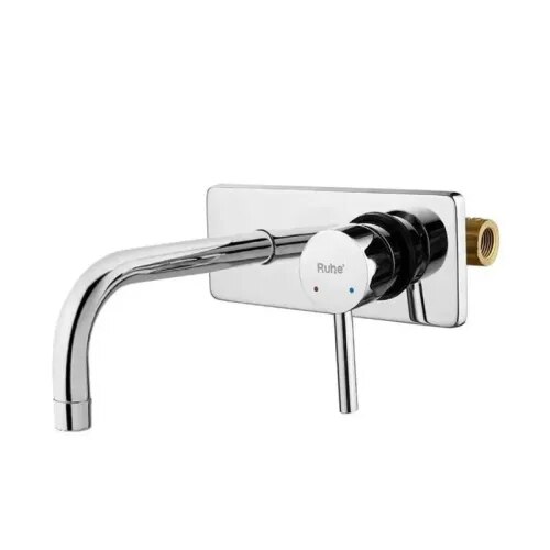 1) Material- Solid brass2) Finish- Glossy Chrome finish 3) Flow- Splash free soft stream4) Core Component- Ceramic Disc Valve Cartridge5) Mount type- Wall mount 6)Installation type- Double-inlet layout 7)Flow rate- 11.8 liters per minute (LPM)8)In the box- 1 x Faucet Body Assembly with Spout Spigot,1 x Rectangular Outer Wall Flange Escutcheon Plate,1 x Sleek Single Control Lever Handle,1 x Concealed Inner Brass Body Manifold Part.9)Warranty- 10-Year Manufacturer's Warranty