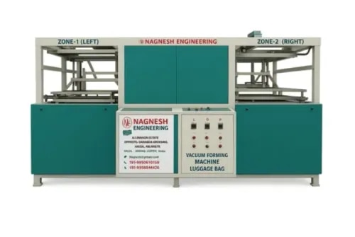 Forming area	1000 mm x 600 mmSheet thickness	2mmAutomation grade	Fully automaticMaterial type	HIPSHeater type	InfraredClamping type	MechanicalThe Nagnesh Engineering Vacuum Forming Machine is specially engineered for plastic luggage shell production. It is capable of forming thick ABS, HDPE, or Polycarbonate sheets into high-strength shells with sharp finishes.Key Features:Heavy-duty Welded Frame: Built For Industrial-grade Usage And Long Life Under Continuous Production.Pneumatic Forming Table: Stable, Balanced Up/Down Motion With Safety Locking System.Sheet Clamping Frame: Adjustable Frame For Sheet Sizes From 24“ To 40”, Thickness Up To 6 Mm.Mold Compatibility: Supports Aluminum/Wooden Molds For Various Luggage Styles.Cooling System: Efficient Air Blower Or Water Mist Cooling System For Shape Stabilization.User-friendly Control Panel: Semi-automatic Or Fully Automatic PLC Touchscreen Interface.
