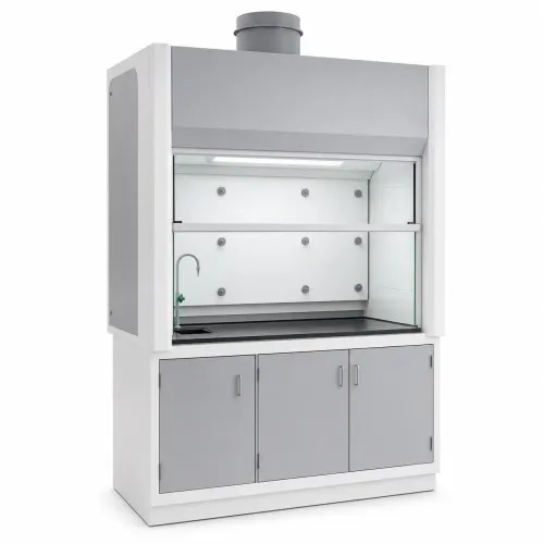 Fume hood for laboratory chemical safety and exhaust of toxic or chemical vapours. Designed to help protect personnel and equipment in chemistry, research, testing and quality control labs. Includes CR sheet construction, acid-resistant work surface options and exhaust system depending on model.