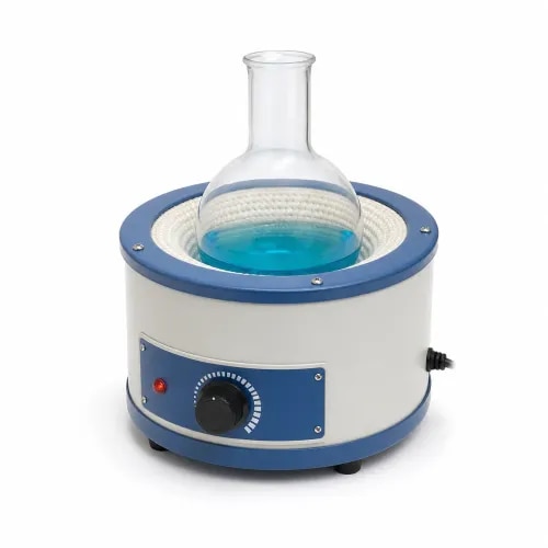 Laboratory heating mantle for controlled heating of round-bottom flasks in chemistry, research and testing labs. Available in multiple capacities with glass-yarn heating support, powder-coated body, insulation and temperature control options depending on model.