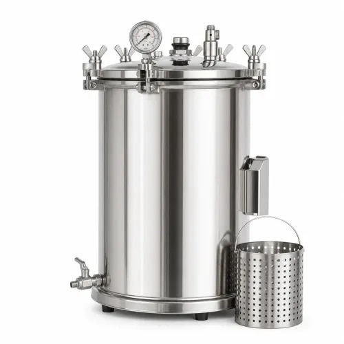 Laboratory autoclave sterilizer for steam sterilization in microbiology, biotech, research, water testing and quality control labs. Model options include stainless steel chamber, wingnut locking system, pressure gauge, safety and release valves, immersion heater and stainless steel basket.