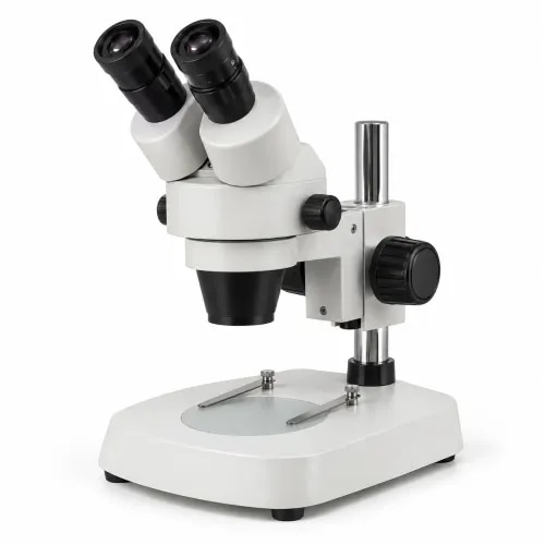 Stereo microscope for laboratory inspection, dissection, student practicals and research use. Suitable for degree and postgraduate labs, quality labs and research applications, with model options including wide field eyepieces, stereoscopic image viewing, objective optics, transillumination base and adjustable lighting depending on model.