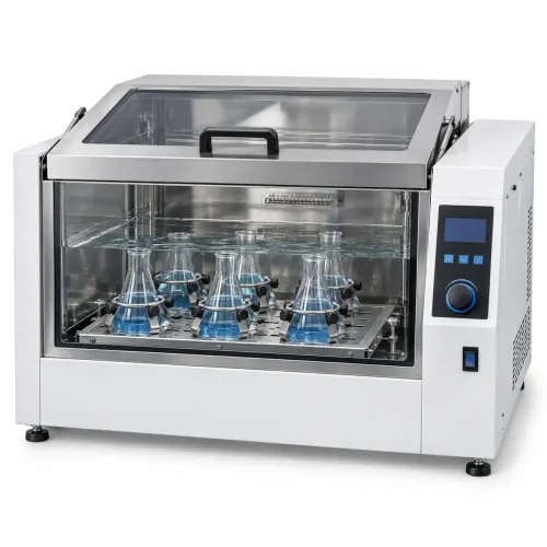 Gyratory incubator and water bath shaker for controlled shaking, incubation and metabolic laboratory work. Model options include double-walled construction, stainless steel inner chamber, toughened glass window, thermostat or digital controller, stainless steel tray with flask clamps and variable speed control.