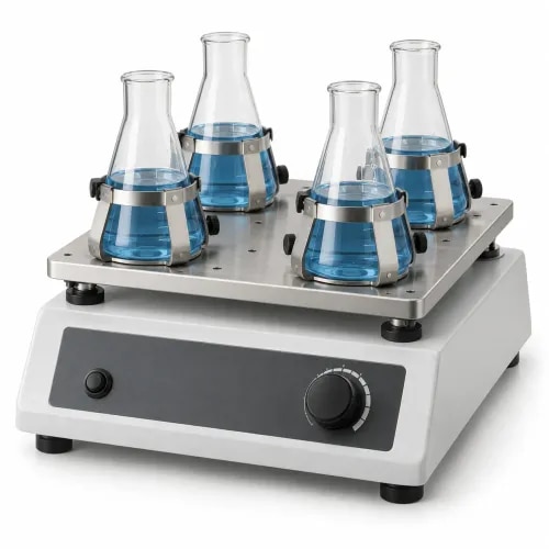 Laboratory platform shaker for controlled mixing and shaking of flasks in research, biotech, chemistry and quality control labs. Model options include heavy fabricated assembly, counter-balanced drive mechanism, fixed or variable speed operation and interchangeable clamps for different flask capacities.