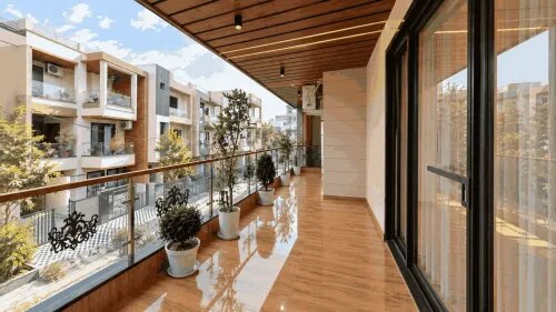 Spacious Balcony Garden Design with Wooden Flooring and Glass Railing | Tambaram product image