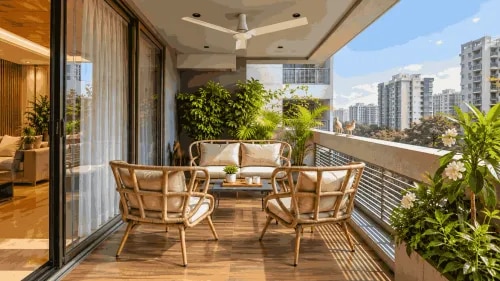Apartment Balcony Seating Design with Tropical Plants and City View | Tambaram product image