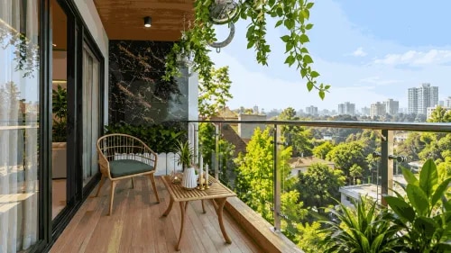 Elegant Balcony Garden Design with Wooden Deck and Glass Railing | Adyar product image