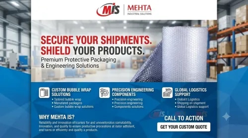 Air Bubble Roll Manufacturer in Vadodara, Gujarat – Mehta Industrial SolutionsMehta Industrial Solutions, Vadodara, Gujarat, is a trusted Air Bubble Roll Manufacturer and Supplier offering reliable packaging solutions for protecting products during storage, handling, and transportation. Our air bubble rolls are designed to provide effective cushioning against scratches, impacts, dust, and minor shocks.Air Bubble Roll is a lightweight and flexible packaging material widely used for wrapping industrial components, electronic products, glassware, furniture, machinery parts, appliances, and other delicate items. The air-filled bubbles help create a protective layer around products while keeping packaging weight low.Mehta Industrial Solutions focuses on providing durable, flexible, and easy-to-use air bubble rolls in Vadodara for manufacturers, wholesalers, distributors, e-commerce businesses, warehouses, and logistics companies. The rolls can be conveniently cut according to the required product size, making them suitable for different packaging applications.Key Features of Air Bubble RollExcellent cushioning and impact protectionLightweight and easy to handleFlexible for wrapping products of different shapesHelps prevent scratches and surface damageSuitable for industrial and commercial packagingEasy to cut, wrap, and storeIdeal for transportation and material handlingAvailable in different sizes and specifications as requiredApplicationsAir Bubble Roll is commonly used for industrial packaging, electronic equipment, glass products, furniture, machinery components, automotive parts, appliances, decorative items, and fragile products. It is particularly useful where protection from handling and transportation damage is important.Choose Mehta Industrial Solutions for Air Bubble Roll in Vadodara, Gujarat for practical and dependable protective packaging solutions tailored to your business requirements. We serve customers across Vadodara and nearby areas of Gujarat with a focus on product quality and customer satisfaction.