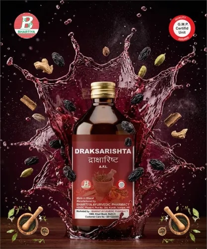                                                          DRAKSHARISHTAProduct IdentificationGeneric Name: DraksharishtaType: Ayurvedic Polyherbal Fermented Formulation (Arishta)Primary Indication Area: Digestive tonic, restorative tonic, mild cardiotonic, and respiratory support formulation.Therapeutic Indications• General debility and fatigue• Loss of appetite (Aruchi)• Chronic indigestion and weak digestion (Agnimandya)• Anaemia and weakness associated with chronic illness• Respiratory weakness and chronic cough (supportive)• Convalescence after fever and infection• Constipation associated with debility• Cardiac weakness (supportive use)• Low energy and poor nutritional status• Elderly weakness and recovery supportKey Benefits• Acts as a nourishing and restorative tonic• Improves digestion and appetite• Supports healthy bowel function• Enhances strength and vitality• Helps reduce fatigue and exhaustion• Supports respiratory health• Mild cardiotonic and rejuvenative action• Promotes recovery after illnessFORMULAMain Decoction Drugs (Kwatha Dravyas)• Draksha (Vitis vinifera – Raisins) – 4.800 kg• Water – 49.152 L reduced to approximately 12.288 LPrakshepa Dravyas• Tvak (Cinnamomum verum) – 48 g• Ela (Elettaria cardamomum) – 48 g• Patra (Cinnamomum tamala) – 48 g• Nagakesara (Mesua ferrea) – 48 g• Maricha (Piper nigrum) – 48 g• Pippali (Piper longum) – 48 g• Shunthi (Zingiber officinale) – 48 g• Dhataki Pushpa (Woodfordia fruticosa) – 768 g (or as per classical reference)Fermentation Base• Guda (Jaggery) – 9.600–14.400 kg (varies by reference)• Dhataki Pushpa – natural fermentation starter• Decoction of DrakshaKey Ingredient Actions1. Draksha (Vitis vinifera)Rasa: MadhuraGuna: Guru, Snigdha Virya: SheetaVipaka: Madhura Prabhava: Brimhana, RaktavardhakaMechanism of Action:Provides nourishment and energySupports hemoglobin and blood health Reduces fatigue and weaknessMild laxative effect helps bowel regularity Supports respiratory and cardiovascular health2. Shunthi (Zingiber officinale)Rasa: KatuGuna: Laghu, RukshaVirya: Ushna Vipaka: MadhuraMechanism of Action:Improves digestion and appetiteEnhances circulation Reduces bloating and indigestion Supports respiratory function Improves absorption of nutrients3. Pippali (Piper longum)Rasa: KatuGuna: Laghu, SnigdhaVirya: Anushna-UshnaVipaka: MadhuraMechanism of Action:Improves bioavailability of herbal constituentsEnhances digestive strength Supports respiratory healthHelps reduce chronic weakness Acts as rejuvenative support4. Maricha (Piper nigrum)Rasa: KatuGuna: Laghu, TikshnaVirya: Ushna Vipaka: KatuMechanism of Action:Stimulates digestion and metabolismImproves nutrient absorptionReduces Ama (metabolic toxins)Supports respiratory clearanceEnhances circulation5. Tvak (Cinnamomum verum)Rasa: Katu, Tikta, MadhuraGuna: Laghu, TikshnaVirya: UshnaVipaka: KatuMechanism of Action:Improves digestion and appetite Supports circulation Provides antioxidant activity Reduces abdominal discomfortEnhances flavor and palatability6. Ela (Elettaria cardamomum)Rasa: Madhura, KatuGuna: LaghuVirya: SheetaVipaka: MadhuraMechanism of Action:Reduces bloating and nausea Improves digestionSupports respiratory comfortEnhances aroma and tastePromotes appetite7. Nagakesara (Mesua ferrea)Rasa: Kashaya, TiktaGuna: Laghu, RukshaVirya: SheetaVipaka: KatuMechanism of Action:Supports blood healthReduces inflammationHelps maintain tissue integrityMild hemostatic actionSupports overall vitality8. Dhataki (Woodfordia fruticosa)Rasa: KashayaGuna: Laghu, RukshVirya: UshnaVipaka: KatuPrabhava: Sandhana KarakaMechanism of Action:Natural fermentation catalystSupports formation of self-generated alcoholImproves extraction of active constituentsEnhances stability and shelf lifeIncreases bioavailability                                                                                                                                                                                                                                                                                                                                                                                                                                                                                                                                                                                                                                                                                                                                                                                                                                                                                                                                                                                                                                                                                                                                                                                                                             DosageAdults: 15–30 mlTwice daily after mealsDilute with equal quantity of waterCommon Usage GuidanceUsed as a restorative tonic after illnessBeneficial in weakness, fatigue, and poor digestionSupports respiratory and cardiovascular function Commonly prescribed for 4–12 weeks depending on conditionBest taken after foodImportant Notes                                                                                                                                                                                                                                                                                                                                                                              Contains jaggery and naturally generated alcohol due to fermentation Use cautiously in diabetes Not recommended during pregnancy unless prescribed by a qualified practitionerShould be used under Ayurvedic supervision in chronic illnessesStore in a cool, dry place and keep tightly closed