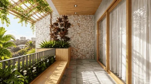 Natural Stone Balcony Garden Design with Pergola and Wooden Seating | OMR product image