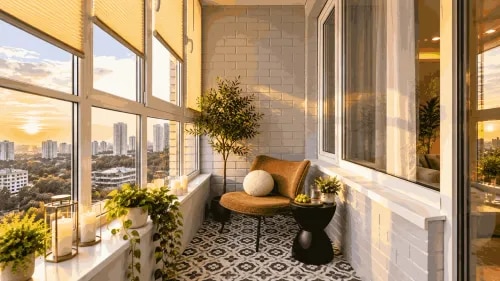 Sunset Balcony Retreat Patterned Flooring, Cozy Seating And Greenery | Amma Nagar  product image