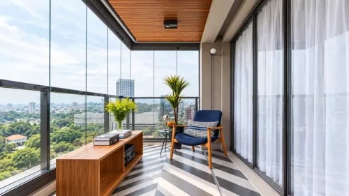 Scenic Glass Balcony Retreat  Blue Lounge Chair And Warm Wood Ceiling | Chengalpattu  product image