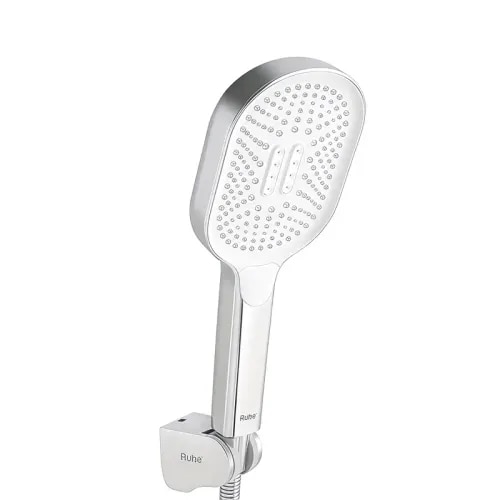 1) Dimension: Standard compact handheld size with a 1.5-metre flexible tube2) Shape: Curved ergonomic face with concentric multi-spray distributions3) Finish: Highly reflective Chrome finish featuring a signature protective triple-layer plating4) Material: Premium heavy-duty Acrylonitrile-Butadiene-Styrene (ABS) plastic for the main gun and holder; high-tensile 304-Grade Stainless Steel for the flexible outer hose coil5) Function: 3 Multi-functional spray modes (including standard wide Rain shower, focused high-pressure jet stream, and combined Rain-Focus mode)6) Flow Rate: Water-saving eco-flow technology designed to maintain structural water intensity and even dispersal even at low pressure layouts7) Mounting Type: Wall Mount bracket installation setup8) Warranty: 2-Year limited brand warranty (backed by comprehensive home/on-site after-sales service support)