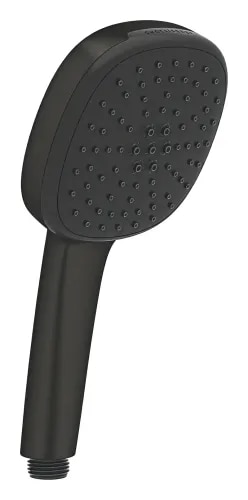 1) Dimension: Head size: (l) 114mm x (w) 57mm x (h) 240mm (Featuring a 110mm dynamic spray face).2) Shape: Cube / Soft Square (Square face profile styled with smooth, geometric rounded corners).3) Finish: Premium, scratch-resistant Matte Black coating.4) Material: High-grade engineering composite housing engineered with integrated GROHE Inner WaterGuide structural insulation.5) Function: 2-Spray Multi-mode Functionality managed single-handedly via the GROHE SmartSwitch dial:• Rain Mode: A wide, soothing pattern mimicking a delicate summer rain.6) Jet Mode: A high-velocity, focused circular stream designed for deep rinsing or muscle revitalization.7) Flow Rate: Max output of 17.3 Litres per Minute (Lpm) at 3 Bar water pressure (or restricted to a highly eco-efficient 7.2 Lpm depending on matching flow restriction inserts).8) Mounting Type: Handheld layout featuring a Universal Mounting System that safely threads onto all standard G-½ shower hoses.8) Warranty: Elite 5-Year Manufacturer Warranty