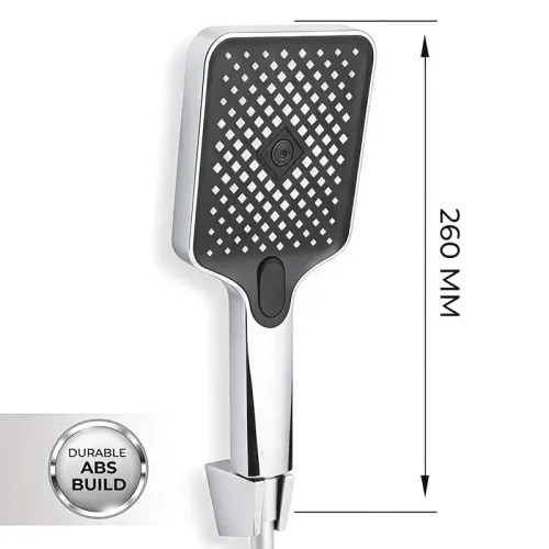 1) Dimension: Standard universal handheld form factor bundled with a 1.5-metre flexible outer hose.2) Shape: Classic Circular / Round spray-face layout.3) Finish: High-gloss, premium Chrome Finish providing a sleek, reflective contemporary look.4) Material: Heavy-duty, high-grade engineering ABS Polymer for the hand shower handset gun and wall bracket holder; paired with a high-tensile flexible metallic outer shell tube.5) Function: 2 Multi-mode Spray Functions engineered for balanced everyday utility.6) Flow Rate: Calibrated with eco-friendly water-saving distribution technology to deliver up to a steady, pressure-optimized water stream even under low-pressure plumbing networks.7) Mounting Type: Wall Mounted configuration leveraging the included matching ABS wall hook bracket layout.8) Warranty: 1-Year Warranty against manufacturing defects
