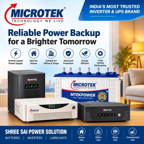 Microtek Inverter Dealer in Pune | Shree Sai Power Solution
Shree Sai Power Solution offers Microtek inverters in Pune for reliable backup power solutions for homes, offices, shops and commercial spaces. Microtek inverter systems are designed to provide dependable power backup during electricity interruptions and can be paired with suitable batteries based on your power requirements.
Whether you need an inverter for home, office, shop or small business, Shree Sai Power Solution can help you choose a suitable Microtek inverter and battery combination according to your backup needs.
Microtek Inverter Solutions Available
Microtek Home Inverters
Microtek Inverter & Battery Systems
Home Power Backup Solutions
Office Inverter Solutions
Shop & Commercial Power Backup
Inverter Battery Replacement
Inverter Installation & Support
Power Backup Solutions in Pune
Why Choose Shree Sai Power Solution?
As a local Microtek inverter dealer in Pune, Shree Sai Power Solution provides product guidance to help customers select an appropriate inverter and battery combination. The team can assist with understanding your appliance load, required backup time and installation requirements.
If you are searching for a Microtek inverter dealer near you in Pune, contact Shree Sai Power Solution for product availability and suitable power backup options.