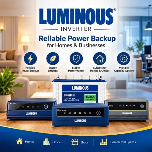 Shree Sai Power Solution offers Luminous inverters designed to provide dependable and efficient power backup for homes, offices, shops, and commercial spaces. Luminous is a trusted name in power backup solutions, offering inverter systems designed for stable performance, energy efficiency, and convenient operation.Whether you need backup for lights, fans, televisions, computers, networking equipment, or other essential appliances, Luminous inverter solutions are available in different capacities to suit varying power requirements. These inverters can be paired with suitable batteries to create a complete and reliable backup system.At Shree Sai Power Solution, customers can get guidance in selecting the appropriate Luminous inverter based on their load requirements, backup expectations, and application. We focus on providing dependable power backup solutions along with professional assistance and customer support.Key Features:Reliable power backup for residential and commercial applicationsMultiple inverter capacities for different load requirementsEfficient performance and dependable operationSuitable for homes, offices, shops, and businessesCompatible with suitable battery configurationsProfessional product guidance and installation assistanceSolutions tailored to individual power backup needsChoose Shree Sai Power Solution for Luminous inverter solutions and dependable power backup support in Loni Kalbhor, Pune and nearby areas.