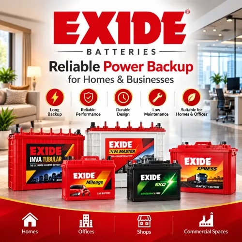 Exide Battery – Reliable Power Backup for Homes & BusinessesShree Sai Power Solution offers Exide batteries designed for dependable and efficient power backup across residential, commercial, and small business applications. Exide batteries are suitable for use with inverter systems and are available in different capacities to meet varying backup requirements.Whether you need reliable backup for lights, fans, televisions, computers, office equipment, shops, or other essential appliances, the right Exide battery can provide consistent support during power interruptions.At Shree Sai Power Solution, customers can get assistance in selecting an Exide battery according to their inverter capacity, connected load, expected backup time, and application requirements.Key Features:Reliable power backup for everyday applicationsSuitable for residential and commercial useAvailable in multiple capacitiesDesigned for dependable performanceSuitable for inverter power backup systemsProfessional product guidance and installation supportSolutions for homes, offices, shops, and businessesChoose Shree Sai Power Solution for Exide battery solutions in Loni Kalbhor, Pune and nearby areas, with expert assistance for your power backup requirements.