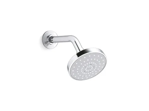 1) Dimension: The structural envelope dimensions are 180 mm x 150 mm x 80 mm (approx. 5-inch face coverage).2) Shape: Round layout integrated into a classic, sleek arm coupler block.3) Finish: Highly reflective, polished Chrome Finish.4) Material: Constructed from premium, high-grade lightweight ABS Plastic to limit weight strain on plumbing infrastructure.5) Functions: Single-function Full-Coverage Drenching Rain pattern designed to deliver a soft, soothing circular distribution.6) Flow Rate: Delivers a robust 12.0 Litres per minute (lpm) or 3.17 Gallons per minute (gpm) at a standard municipal plumbing pressure of 3.0 bar (43.5 psi).7) Mounting Type: Wall Mounted (Standard G1/2 or 19mm connection; shower arm and flange are sold separately, such as the recommended K-99054IN-CP wall arm).8) Warranty: Accompanied by a premium 10-Year Manufacturer Warranty provided by Kohler India protecting against operational or finish failure