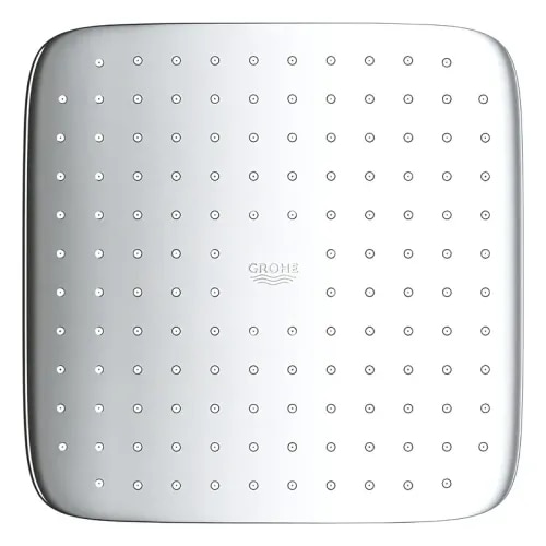 1) Dimension: Large visual face coverage measuring 250 mm x 250 mm (10 x 10 inches) with a compact, ultra-slim profile depth/height of 60 mm.2) Shape: Contemporary geometric Soft Square (Cube).3) Finish: Deeply reflective, long-lasting GROHE StarLight Chrome Finish.4) Material: Constructed from high-grade metallic and corrosion-resistant composites engineered to withstand severe moisture exposure.5) Functions: Single-function Rain Spray pattern engineered to simulate a warm summer rain.6) Flow Rate: Equipped with a built-in water-saving flow limiter providing a steady 9.5 Litres per minute (lpm) at 3 bar pressure (Certain pressure variants scale to 8.0 lpm under structural constraints).7) Mounting Type: Ceiling Mounted or Wall Mounted using a standard universal connection thread (Size: 1/2