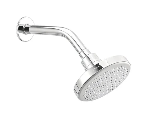 1) Dimension: The showerhead features a wide spray face diameter of 125 mm (5 inches). It comes bundled with a heavy-duty 200 mm (8 inches) long horizontal shower arm.2) Shape: Geometric Round.3) Finish: Highly polished, reflective Chrome Finish.4) Material: The primary showerhead body is molded from premium-grade ABS Plastic (lightweight and completely impervious to rust), paired with a metallic shower arm and flange assembly.5) Functions: Single-function Rainfall flow pattern optimized with CERA's Delight Mode to provide a steady, wide-spray drenching coverage.6) Flow Rate: Designed as a single-flow regular regular shower optimized to deliver robust, steady pressure under standard domestic municipal networks.7) Mounting Type: Wall Mounted via the included 200 mm shower arm connection.8) Warranty: Accompanied by CERA's official residential warranty, typically providing 1 Year for residential use and 0.5 year for commercial use