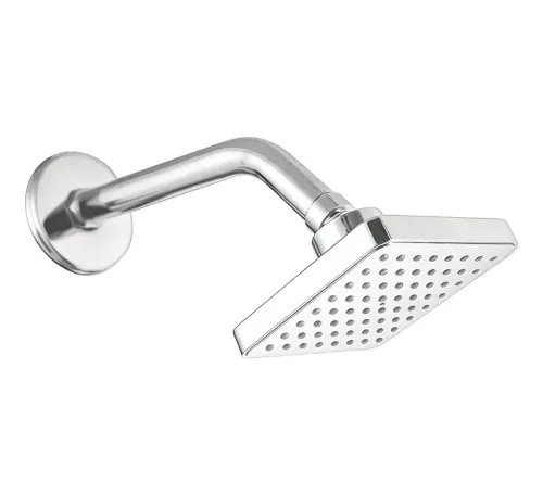 1) Dimension: Features a compact 100 mm x 100 mm (4 inches) square spray face diameter. It is bundled with a standard matching 225 mm (approx. 9 inches) long installation shower arm.2) Shape: Modern geometric Square.3) Finish: Highly reflective, premium Chrome Finish reinforced with nickel plating.4) Material: Engineered from high-grade, durable ABS Plastic to prevent structural weight strain while ensuring long-term robustness.5) Functions: Single-function soothing Rainfall flow pattern for balanced water distribution across the full head.6) Flow Rate: Unrestricted regular single flow carefully calibrated internally to maintain steady volumetric performance across varying household municipal pressures.7) Mounting Type: Wall Mounted via the included 225 mm extension arm.8) Warranty: Accompanied by Hindware's official 1-Year Warranty structure protecting against operational manufacturing defects