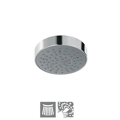 1) Dimension: Features a standard 100 mm (4 inches) faceplate diameter.2) Shape: Geometric Round.3) Finish: Highly reflective, polished Chrome Finish.4) Material: Built with a high-grade ABS Plastic body finished in multi-layer chrome, and accented by an artistic Grey Face Plate. The internal connection features robust Brass housing properties.5) Functions: Single-function Rainfall spray pattern.6) Flow Rate: Delivers a heavy, satisfying output of 17.26 Litres per minute (LPM) at 3 bar pressure. Custom flow regulators can be paired to restrict output to 6.0 LPM (Suffix GA), 8.0 LPM (Suffix GB), or 12.0 LPM (Suffix GC).7) Mounting Type: Designed for Wall Mounted or ceiling arrangements (standard universal threaded coupling; extension shower arms are sold separately).8) Warranty: Typically supported by Jaquar's standard 1-Year Warranty structure for localized components, extending up to 10 Years on full core structural collections