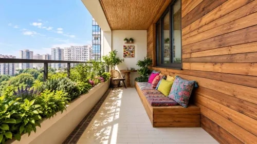 Balcony Garden Design with Wooden Seating and City View | Porur product image
