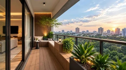 Luxury Balcony Garden with Wooden Deck and Panoramic City View | OMR product image
