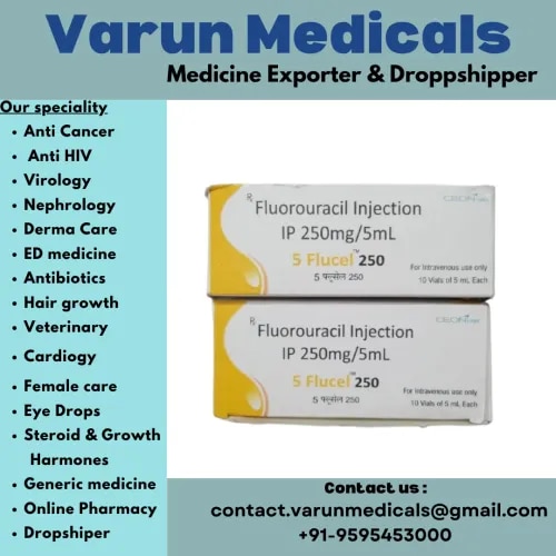 5 Flucel 250mg Injection contains Fluorouracil, an antimetabolite chemotherapy medication used to treat various types of cancer by stopping the growth and multiplication of rapidly dividing cancer cells