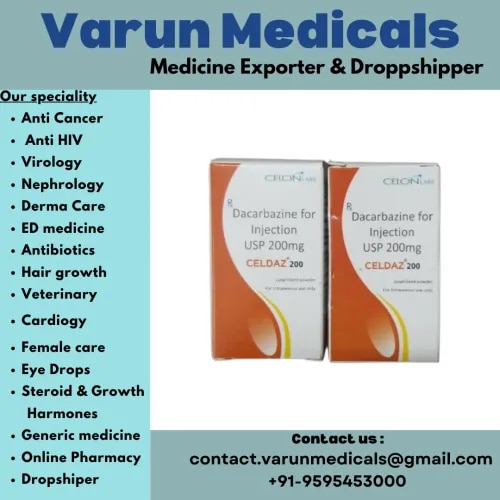 Celdaz 200 mg(Dacarbazine), is a chemotherapy medication used in the treatment of melanoma and Hodgkin's lymphoma. For Hodgkin's it is often used together with vinblastine, bleomycin, and doxorubicin.